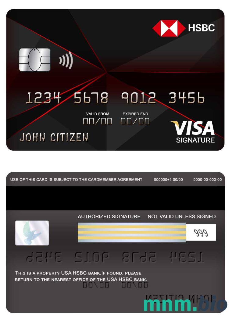 USA HSBC bank visa podpis karta przykład w formacie PSD
